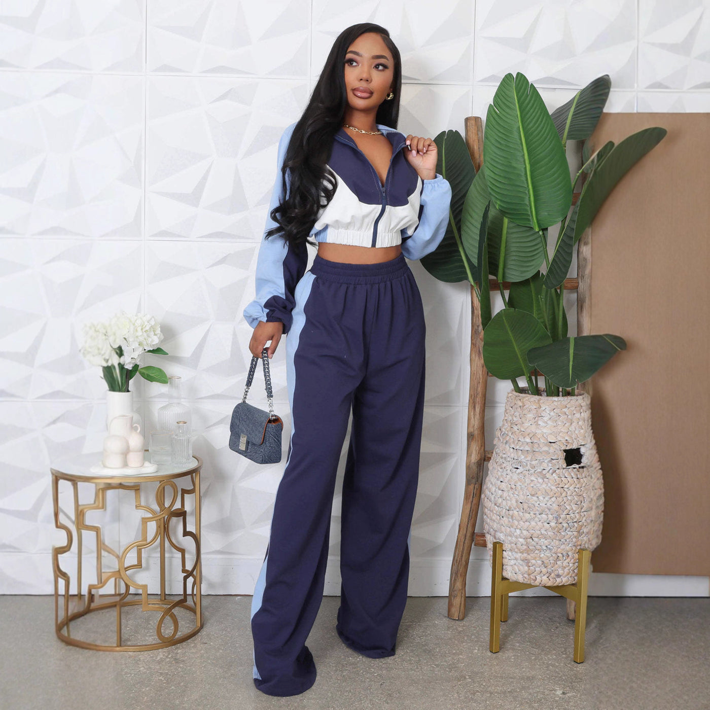 Spring And Autumn Loose Zip Short Coat High Waist Wide Leg Pants Two-piece Set