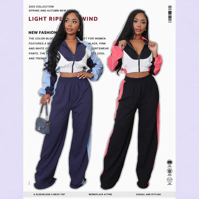 Spring And Autumn Loose Zip Short Coat High Waist Wide Leg Pants Two-piece Set