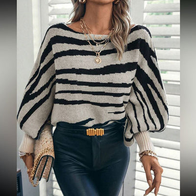 Loose Knitted Zebra Pattern Contrast Color Off-shoulder Batwing Sleeve Sweater