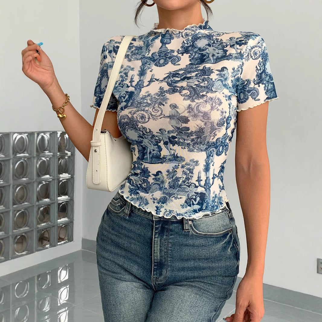 Fashion Elegant Mesh Floral Print Top For Women