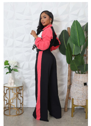 Spring And Autumn Loose Zip Short Coat High Waist Wide Leg Pants Two-piece Set