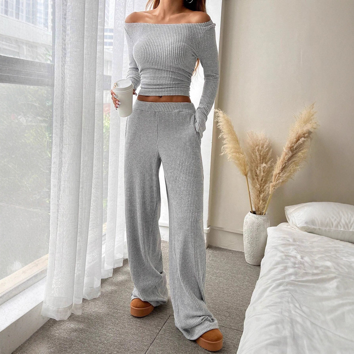 Women's Solid Color Rest Long Sleeve Boat Neck Top Wide Leg Pants Suit
