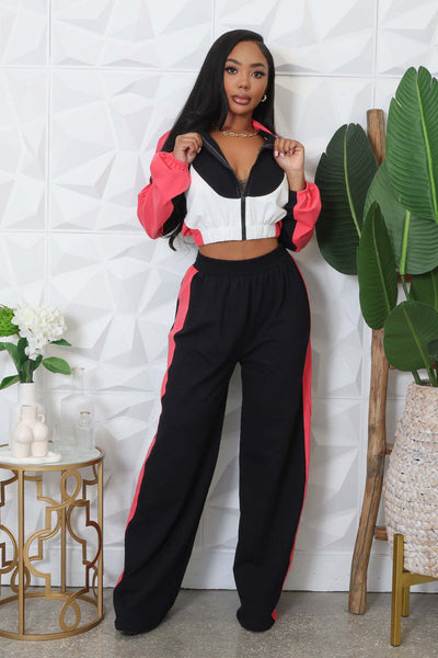 Spring And Autumn Loose Zip Short Coat High Waist Wide Leg Pants Two-piece Set