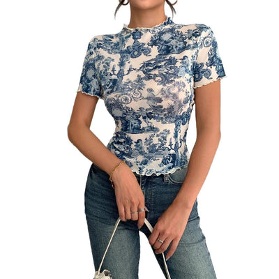 Fashion Elegant Mesh Floral Print Top For Women