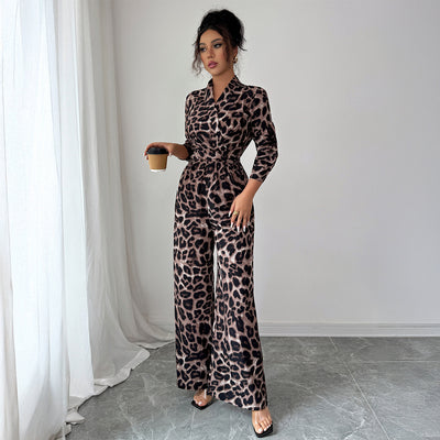 Women's Leopard Print Long Sleeve Wide-leg Jumpsuit
