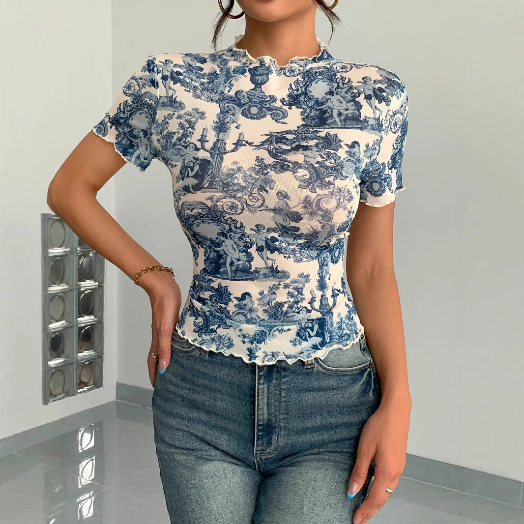 Fashion Elegant Mesh Floral Print Top For Women