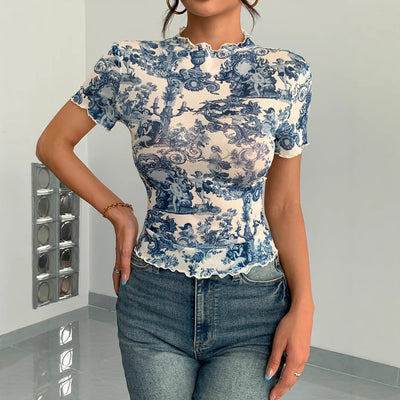 Fashion Elegant Mesh Floral Print Top For Women