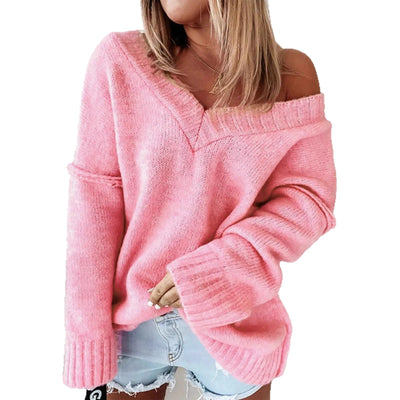 Casual Loose Solid Color V-neck Pullover Sweater