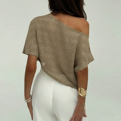 Loose T-shirt Oblique Shoulder SMS Sequined Semi-transparent Pullover Top For Women