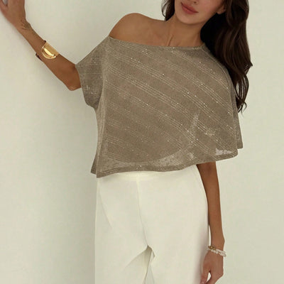 Loose T-shirt Oblique Shoulder SMS Sequined Semi-transparent Pullover Top For Women