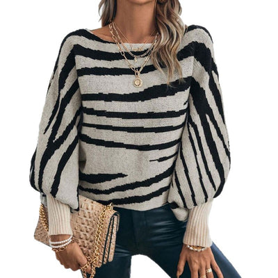 Loose Knitted Zebra Pattern Contrast Color Off-shoulder Batwing Sleeve Sweater