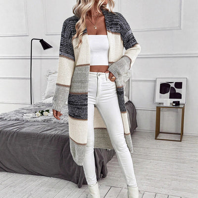 Women's Casual Knitted Color Matching Long Cardigan