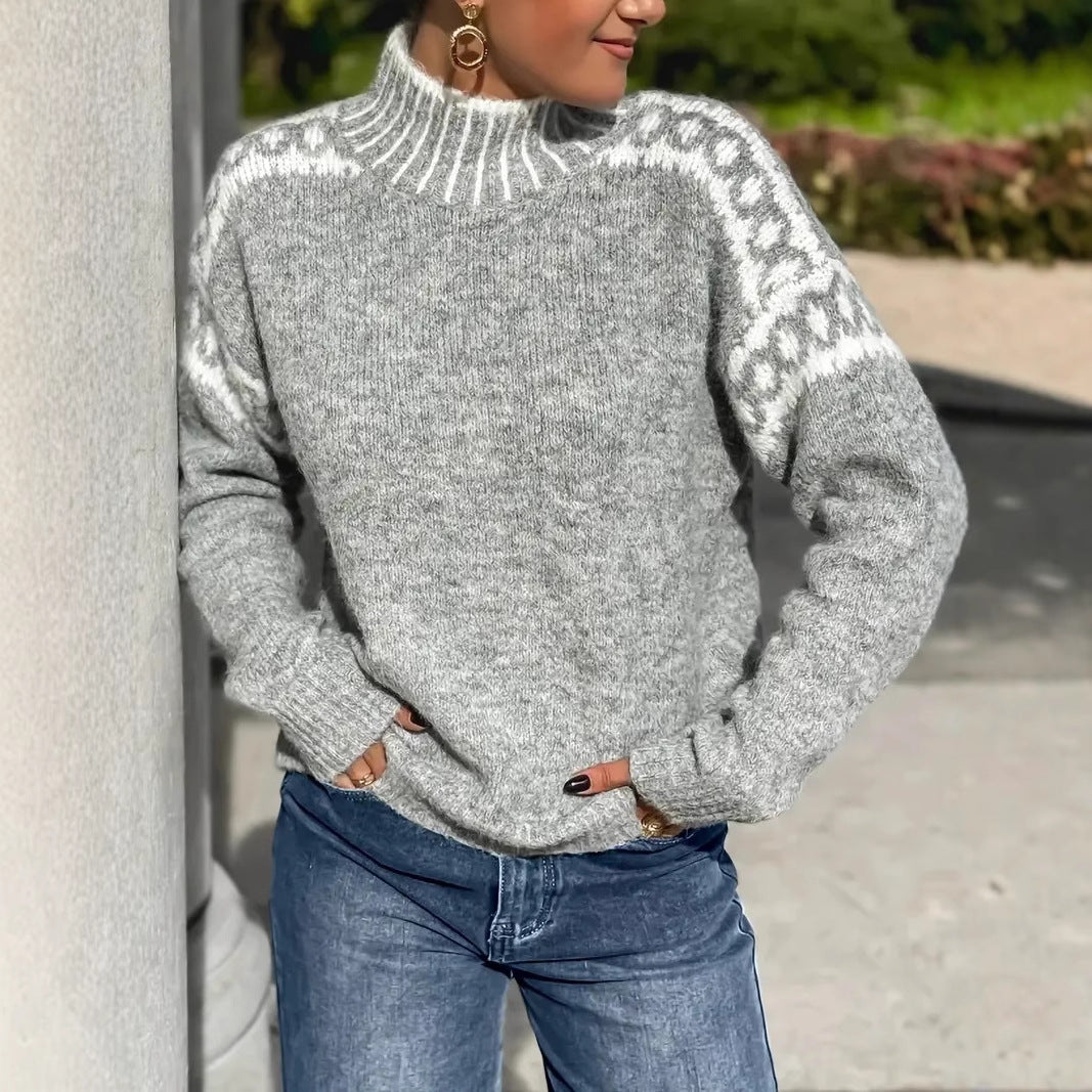 Women's Turtleneck Contrast Color Loose Pullover