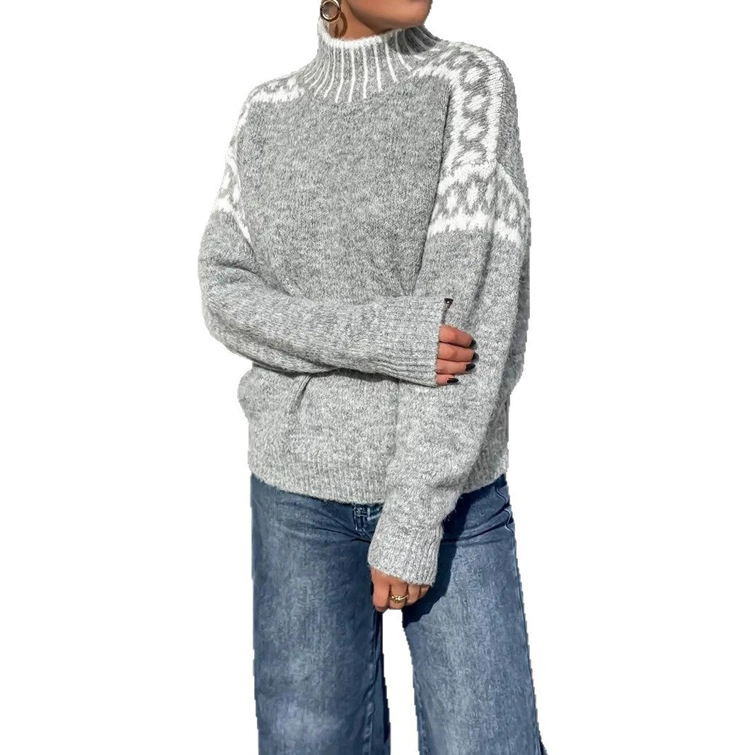 Women's Turtleneck Contrast Color Loose Pullover