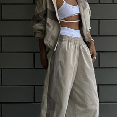 New Elastic Mid-waist Trousers Plus Contrast Color Casual Top Fashion Women's Wear Summer Suit