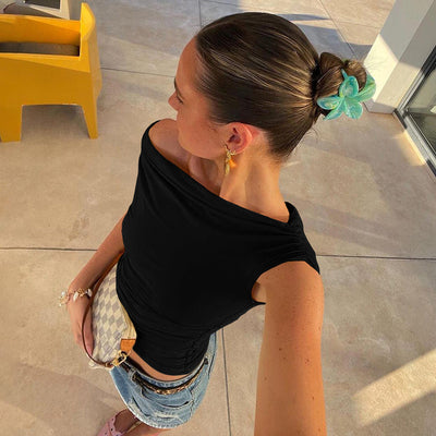 Personality Street Simple Graceful Solid Color Diagonal Collar Top For Women