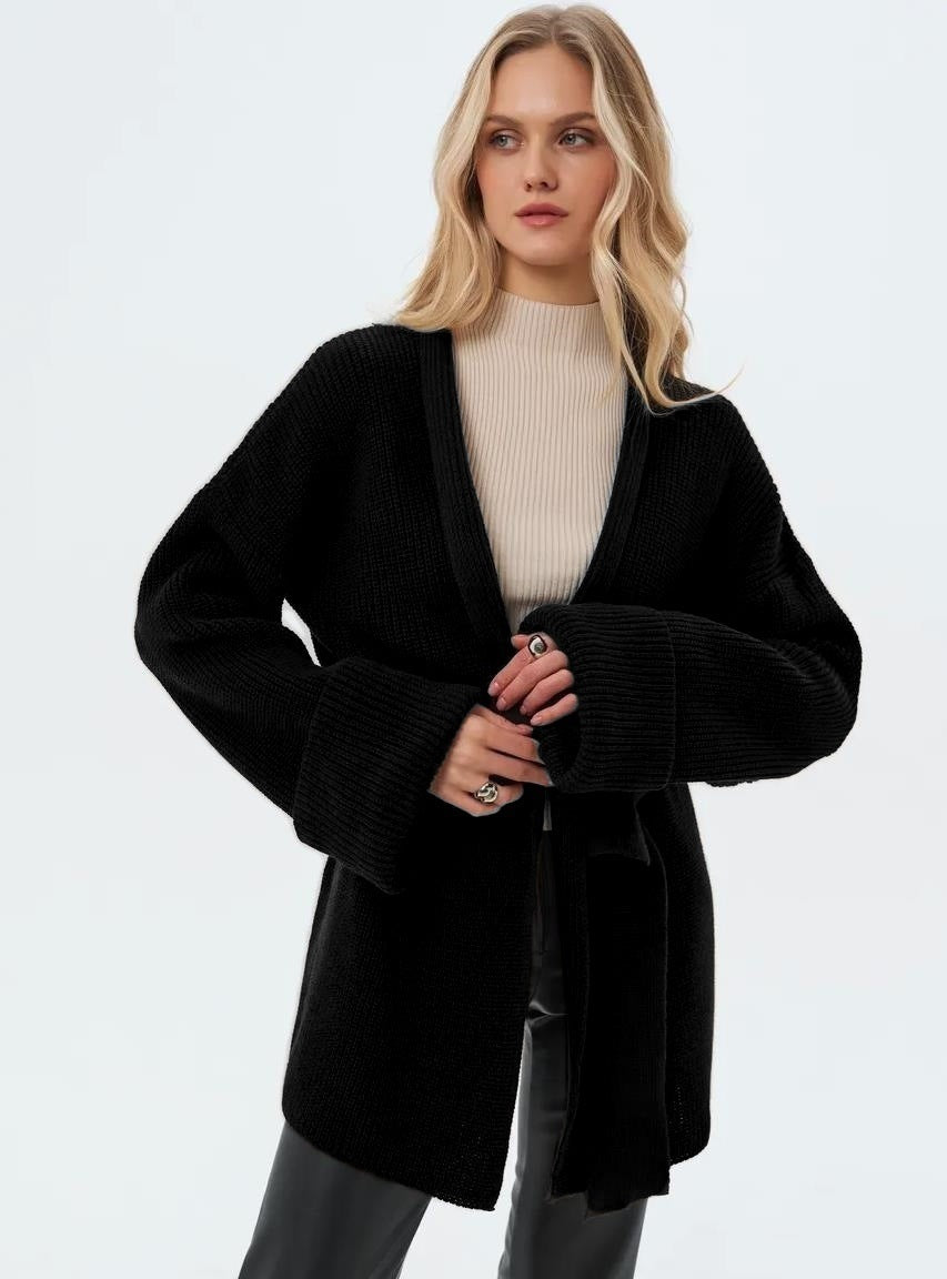 Women's Knitted Sweater Top Coat Lace-up Cardigan