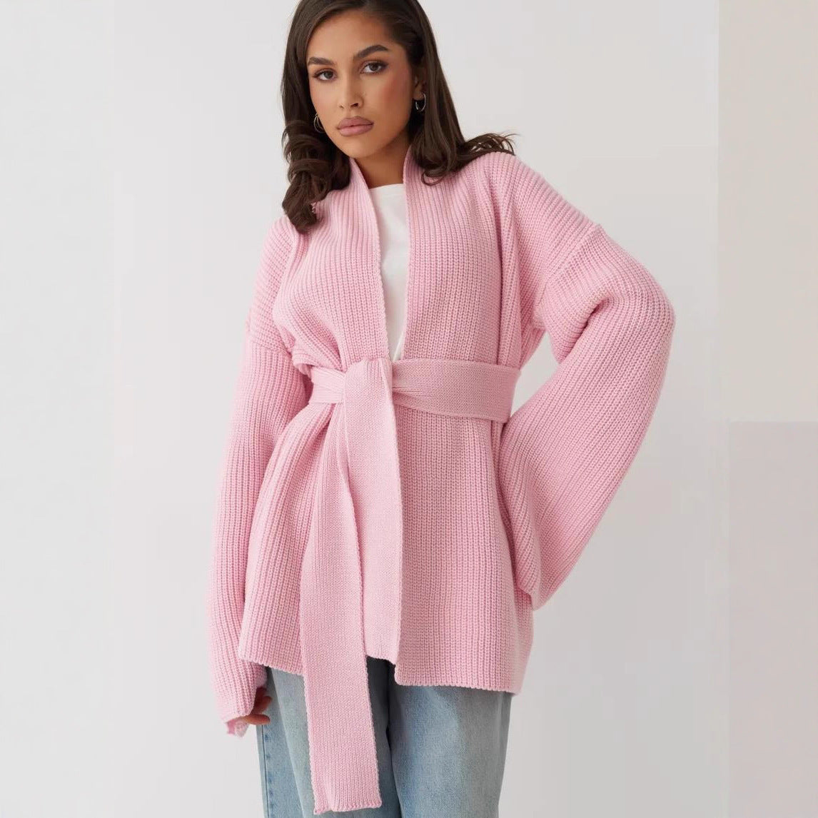 Women's Knitted Sweater Top Coat Lace-up Cardigan