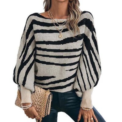 Loose Knitted Zebra Pattern Contrast Color Off-shoulder Batwing Sleeve Sweater