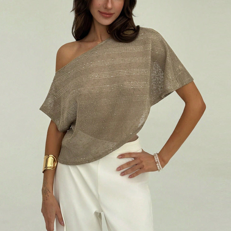 Loose T-shirt Oblique Shoulder SMS Sequined Semi-transparent Pullover Top For Women