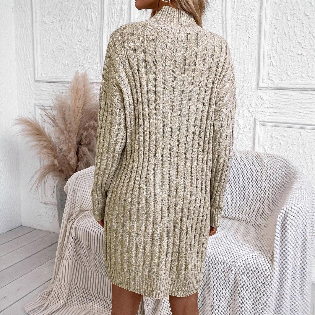 Turtleneck Long Sleeve Loose Knitted Dress Hip Bag