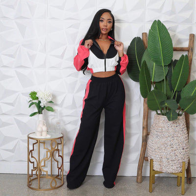 Spring And Autumn Loose Zip Short Coat High Waist Wide Leg Pants Two-piece Set