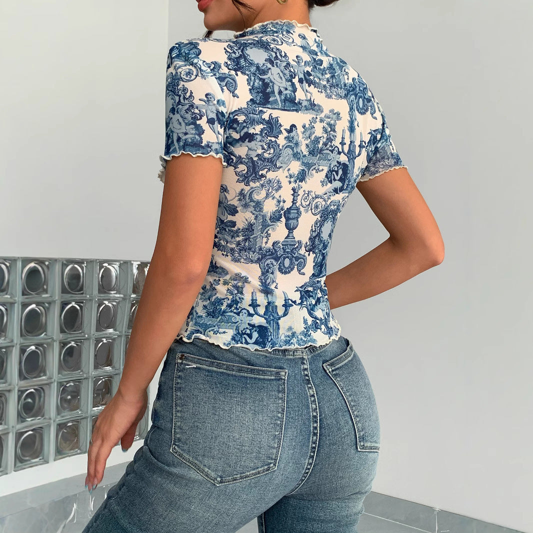 Fashion Elegant Mesh Floral Print Top For Women