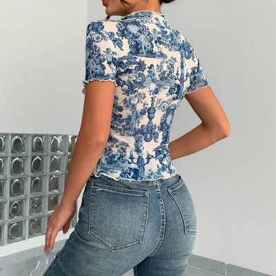 Fashion Elegant Mesh Floral Print Top For Women