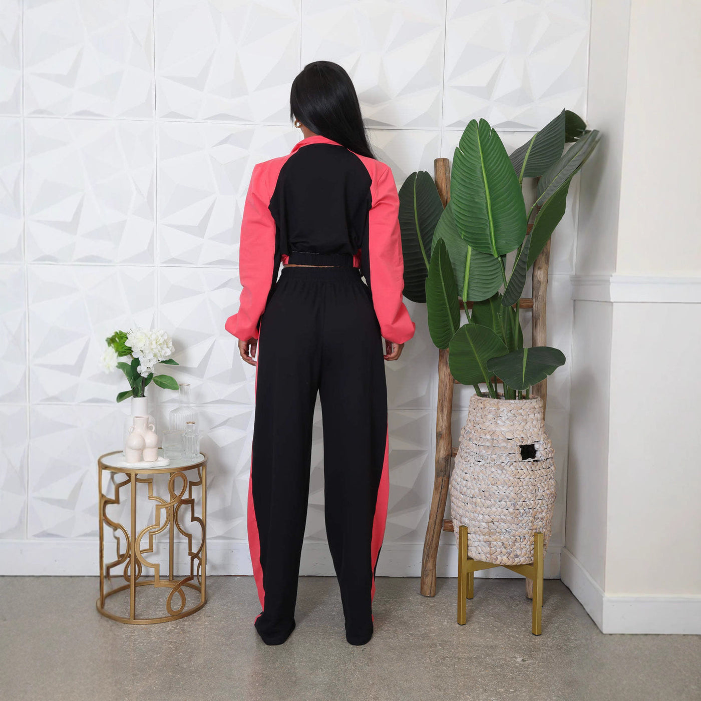 Spring And Autumn Loose Zip Short Coat High Waist Wide Leg Pants Two-piece Set