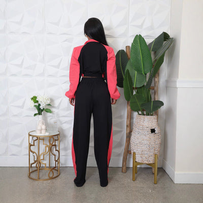 Spring And Autumn Loose Zip Short Coat High Waist Wide Leg Pants Two-piece Set