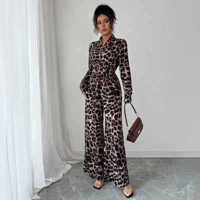 Women's Leopard Print Long Sleeve Wide-leg Jumpsuit